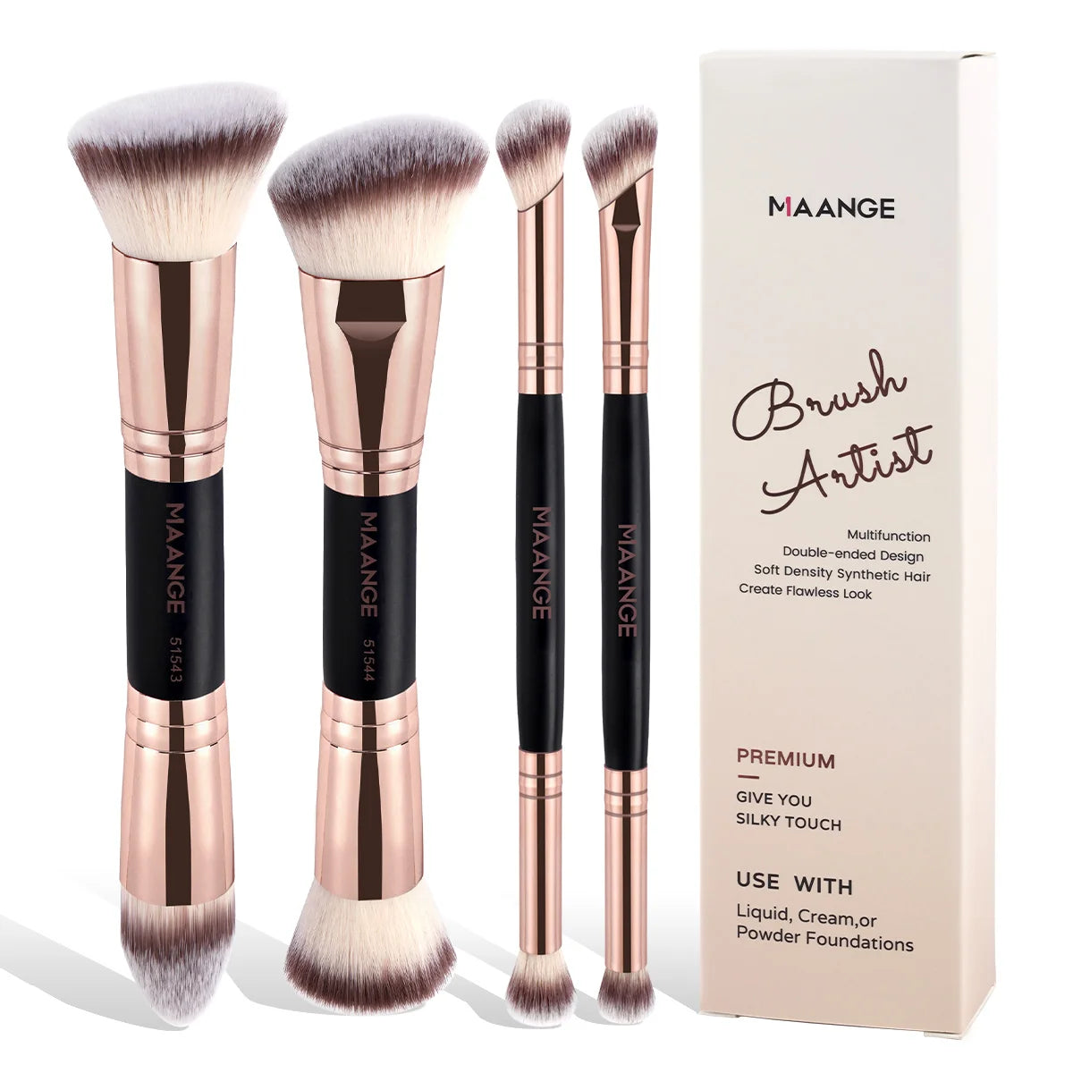 MAANGE 4pcs Dual-ended Basic Makeup Brushes Set with Foundation Powder Blush Details for Eyeshadow Brushes Beginner Travel Tools
