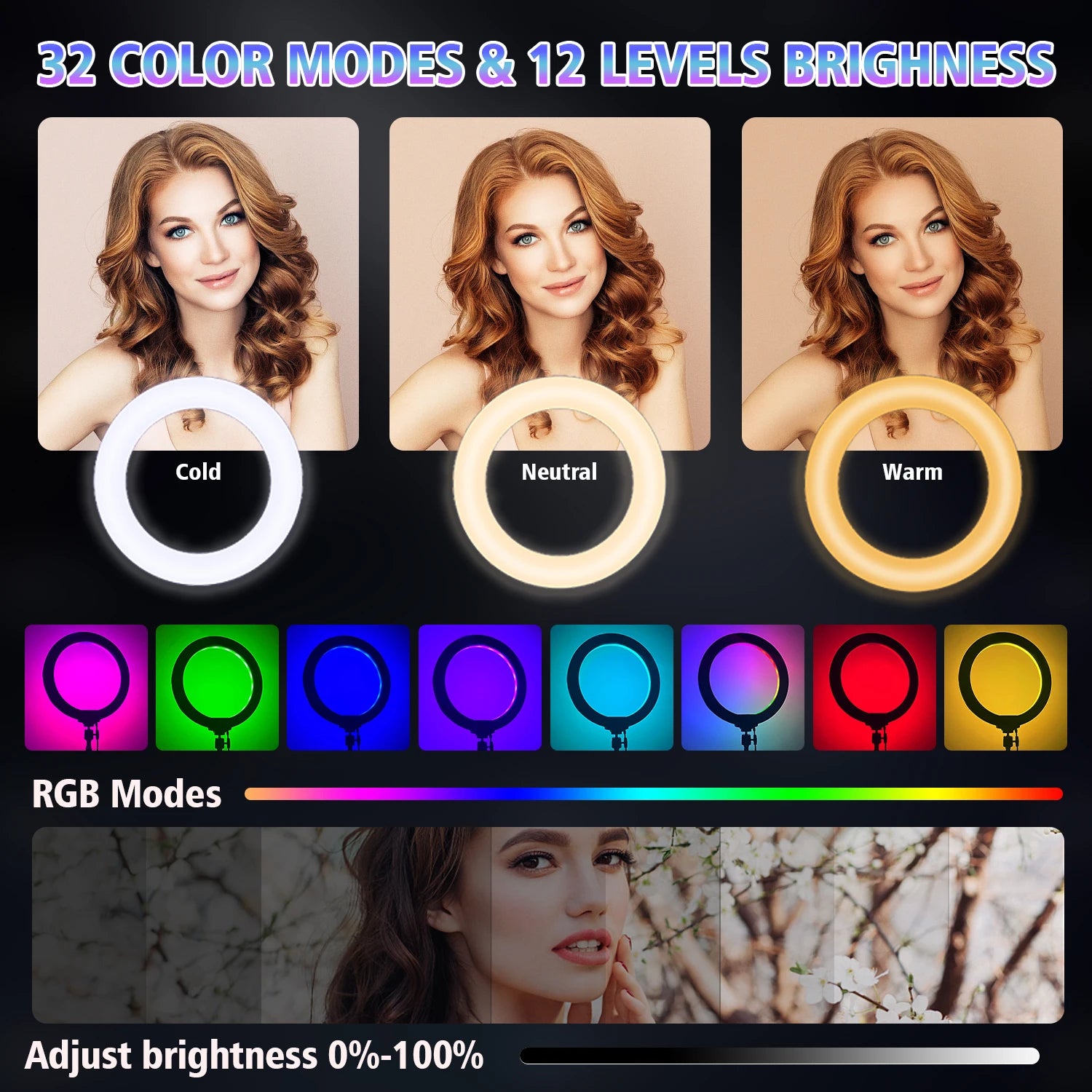 A 10 Inch Professional Selfie Ring LED Light, USB Powered,160cm Tall Stand, 38-Color RGB, Live Streaming, Makeup Fill Lights