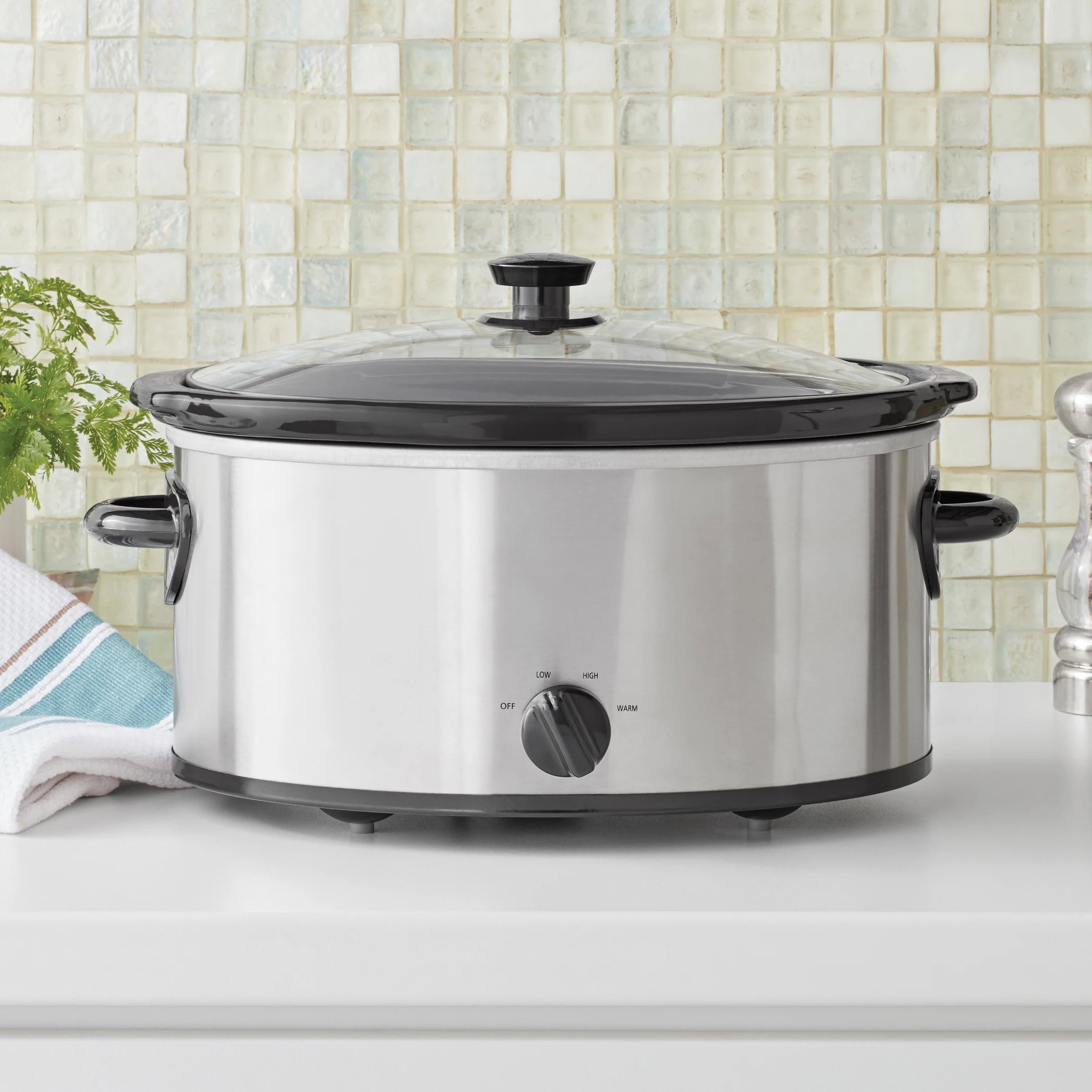 6 Quart Oval Slow Cooker with Stainless Steel Finish and Glass Lid