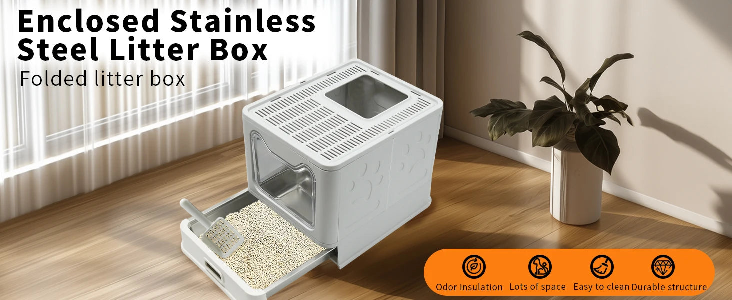 Bingopaw Detachable Enclosed Cat Litter Box with Stainless Steel Pan Front Entry Toilet Box with Litter Scoop for Kittens
