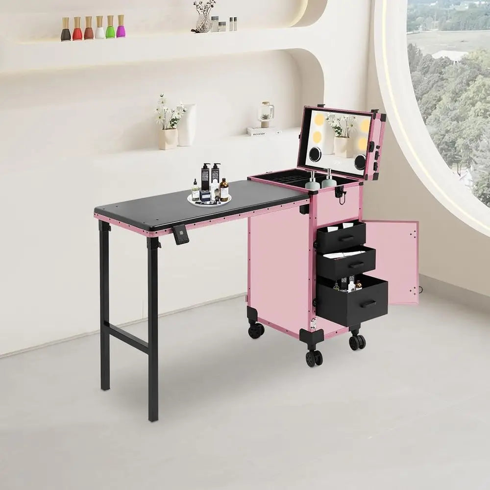 Portable Rolling Makeup Case with 3 Drawers, Adjustable Lighted Mirror, Travel Cosmetic Organizer, Manicure Desk & Nail Artist S