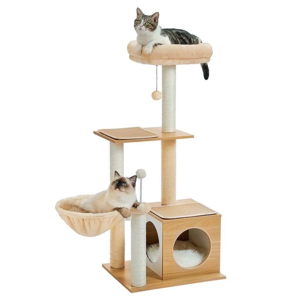Modern Cat Tree for Indoor Cats Multi-Level Wood Cat Tower with Cozy Condo Hammock Sisal Scratching Posts Kitten House Cat Toys