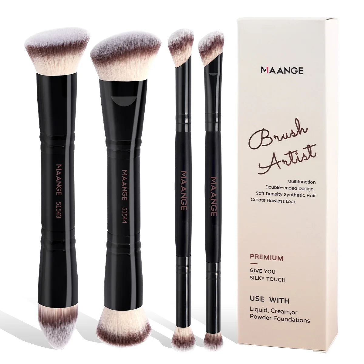 MAANGE 4pcs Dual-ended Basic Makeup Brushes Set with Foundation Powder Blush Details for Eyeshadow Brushes Beginner Travel Tools