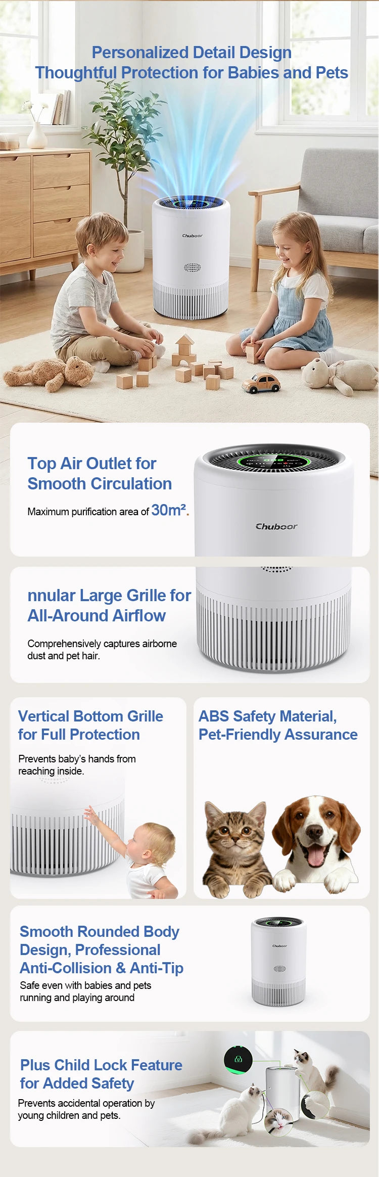 Chuboor Air Purifier Quiet Air Cleaner with High-Efficiency Filtration,H13 HEPA Removes Smoke, Dust, Pollen, Pet Hair