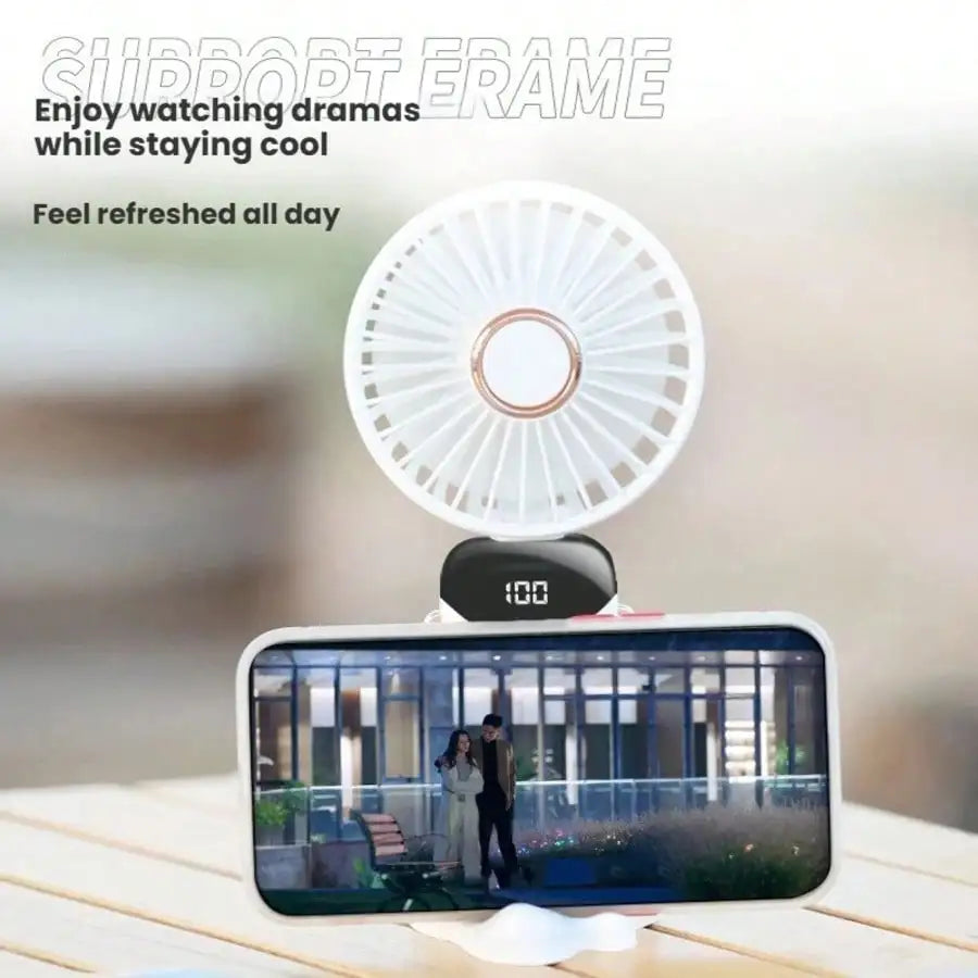 1pc Mini Handheld Electric Fan, USB Rechargeable Portable Fan, 5 Wind Speeds, Digital Display, Neck Strap, Foldable Desk Fan With Stand, Suitable For Office, Dorm, Outdoor, Travel, 800mAh
