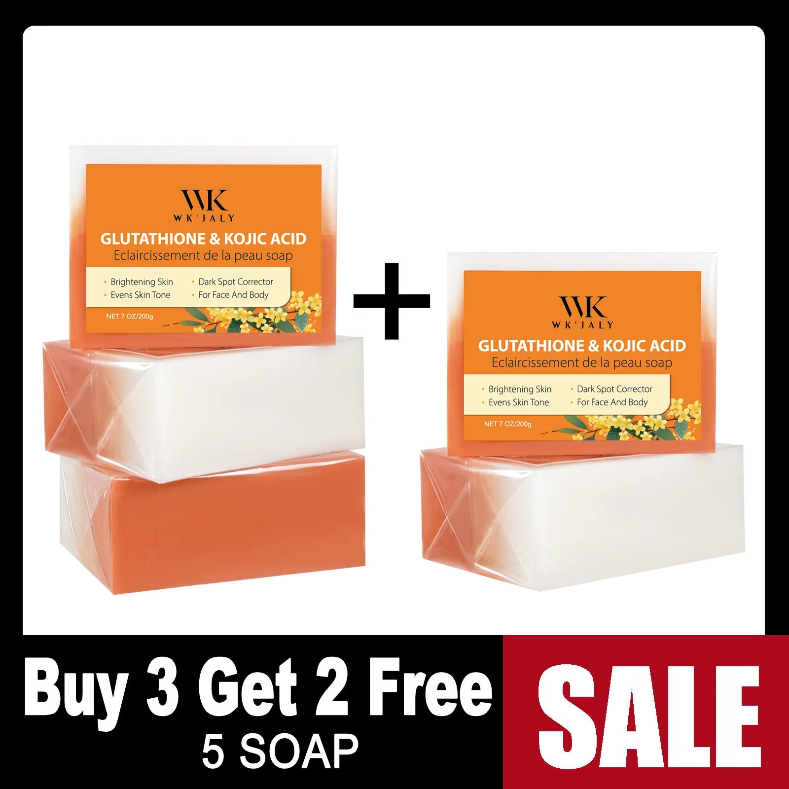 WK JALY Glutathione & Kojic Acid Brightening Soap, Clean Skin, Moisturizing, Reduce Black Spots, For All Skin Types, 200g