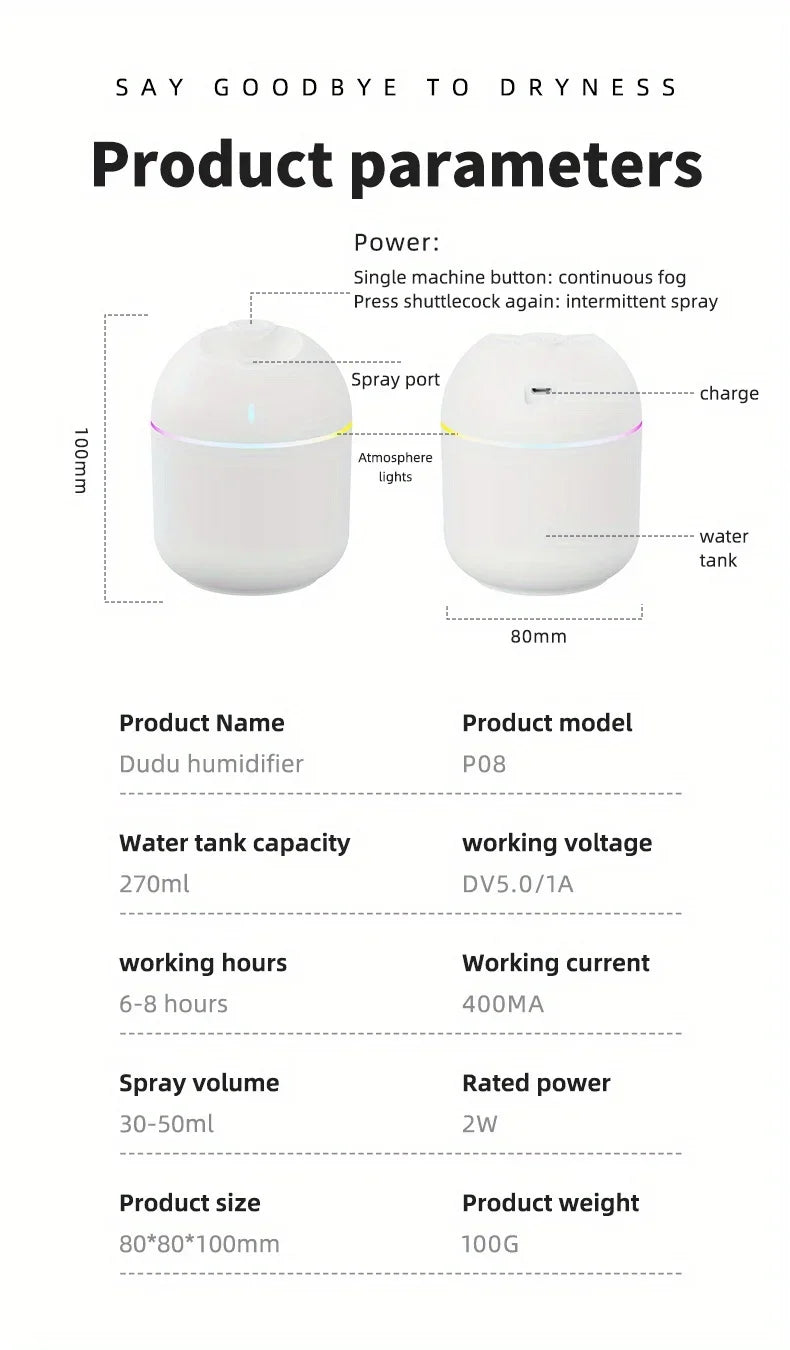 270ML Air Humidifier Cool Mist Aroma Diffuser LED Night Light  power-off protect USB Humidificador For Home Office