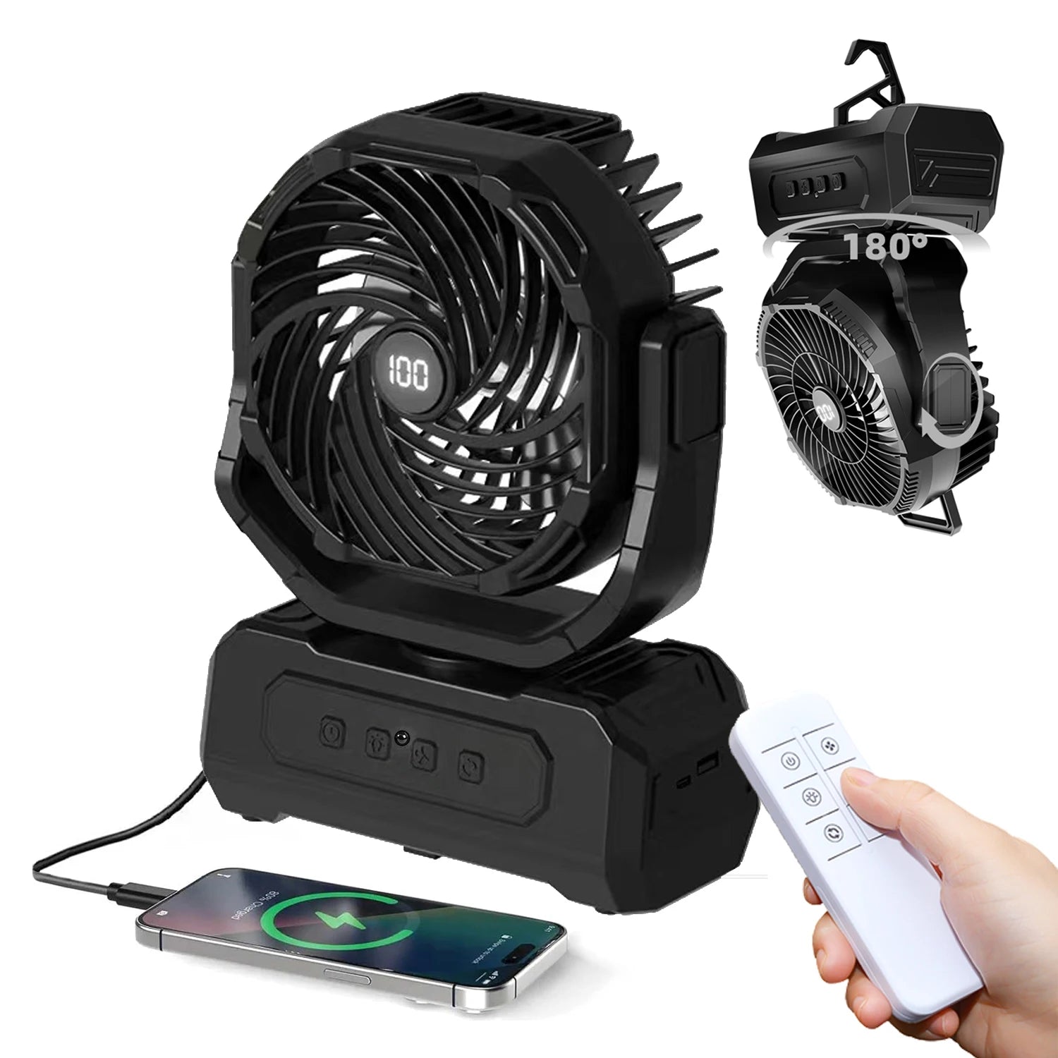 30000mAh Portable Camping Fan with RGB Lantern, Rechargeable Battery Powered Oscillating 4 Wind Speeds LED Display, Remote Control Timer Tent Beach Cordless USB Fans for Travel Home Outdoor, Green