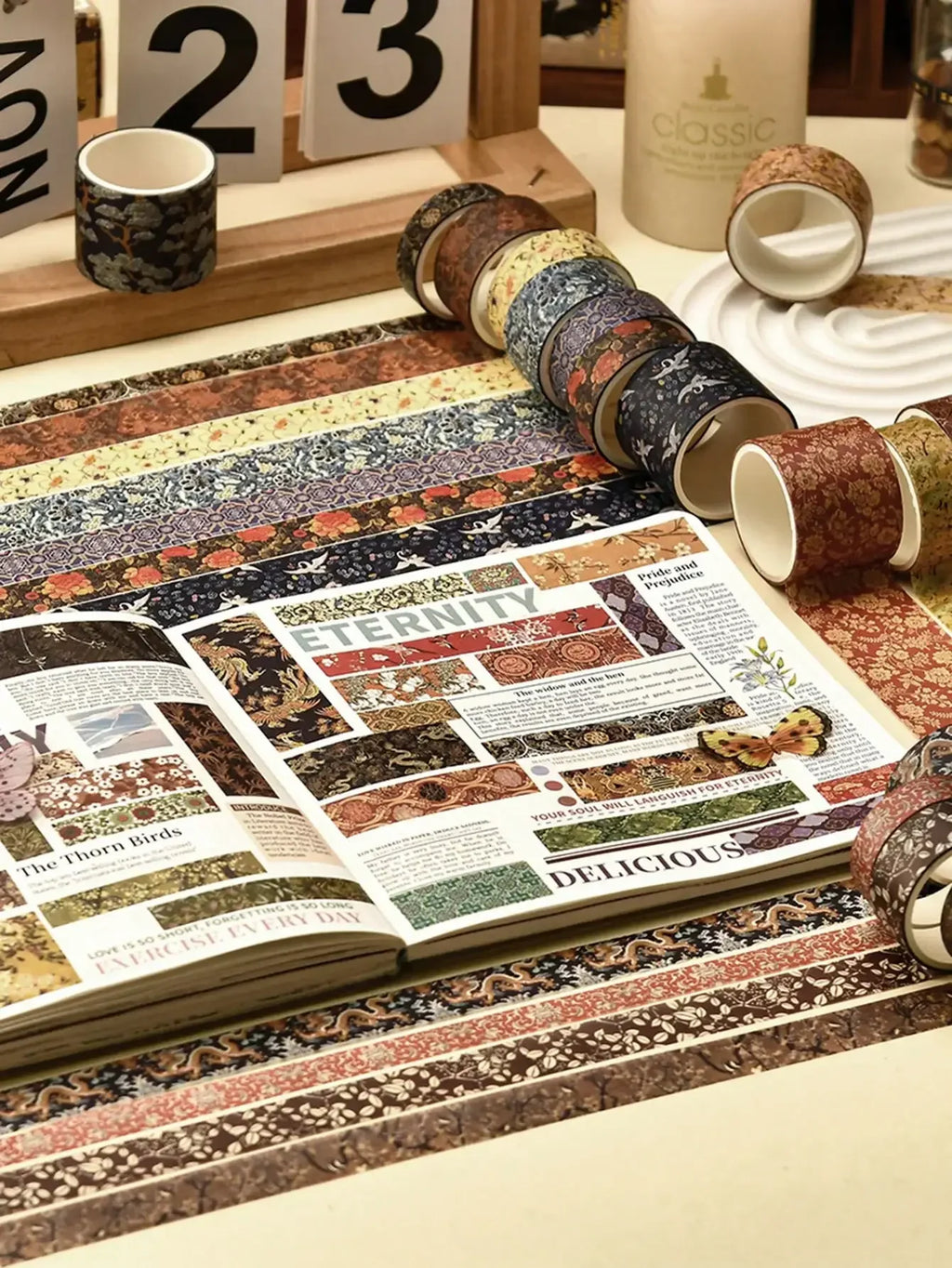 12 Rolls/Box, Retro Landscape Washi Tape, Creative Floral Mountain Crane Print Design Sticker Rolls, Scrapbook And Gift Wrapping Decoration DIY Masking Tape