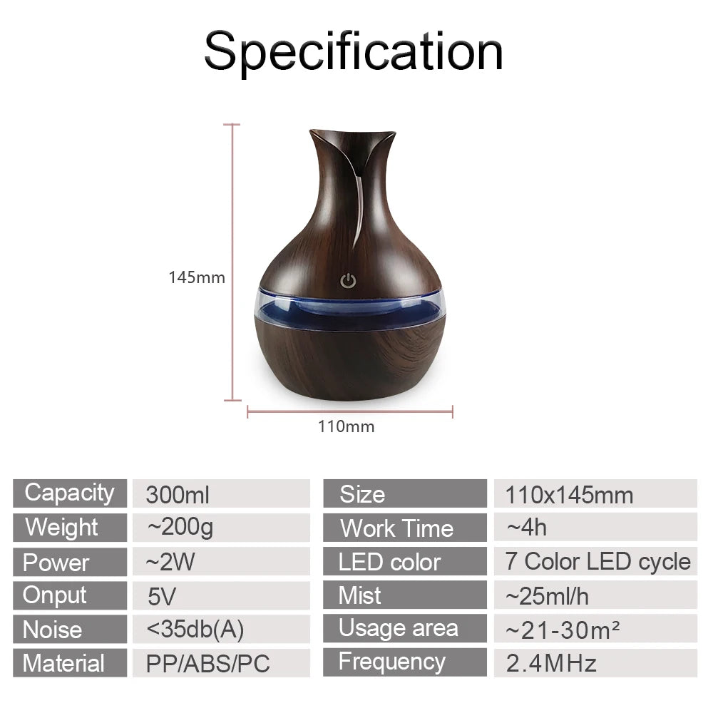 Mini USB Diffuser Air Humidifier with 7-Colors LED night light Aromatherapy Diffuser 300ml Cool Mist Maker for home bedroom