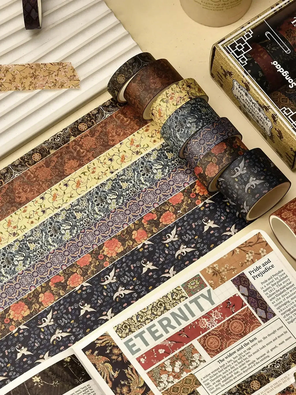 12 Rolls/Box, Retro Landscape Washi Tape, Creative Floral Mountain Crane Print Design Sticker Rolls, Scrapbook And Gift Wrapping Decoration DIY Masking Tape