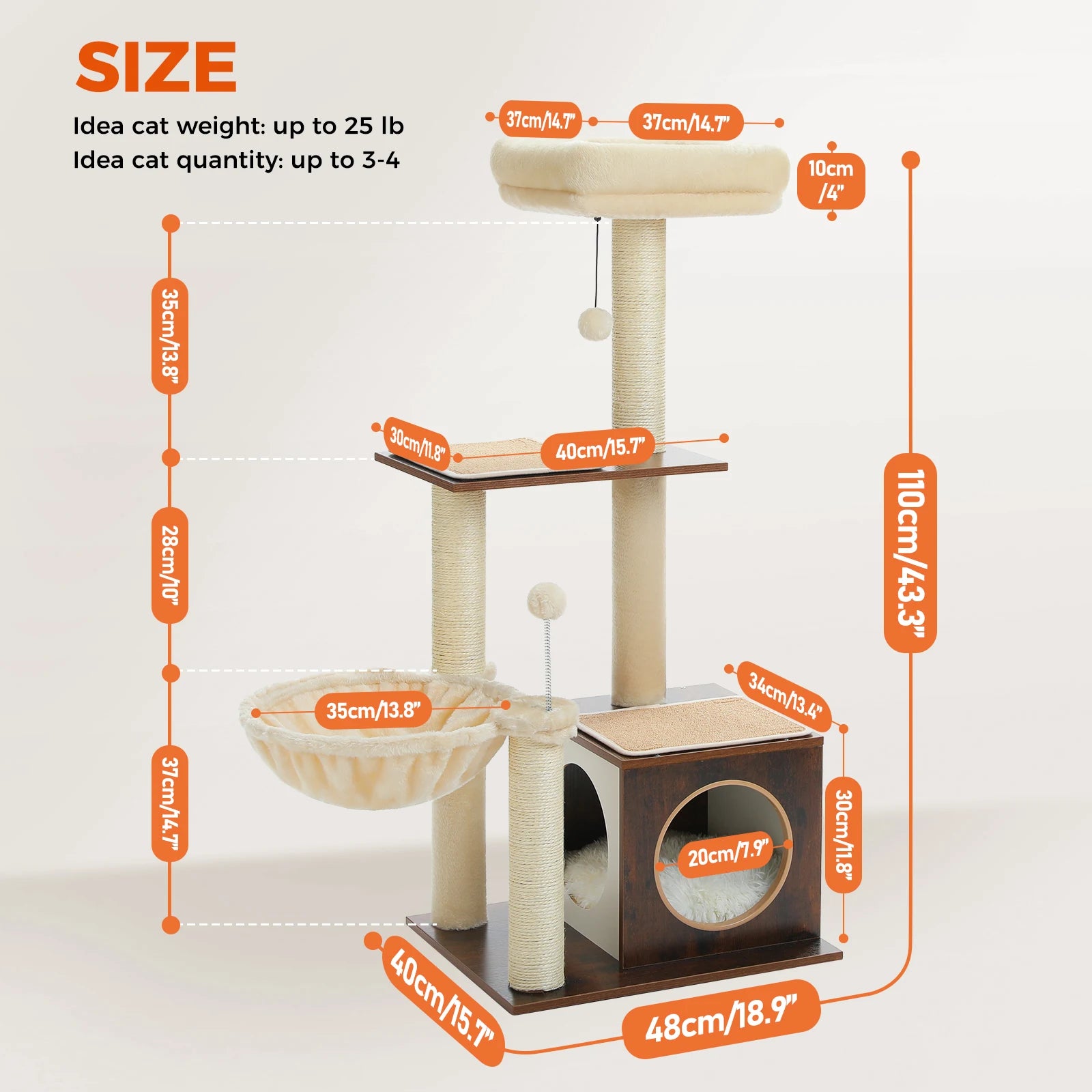 Modern Cat Tree for Indoor Cats Multi-Level Wood Cat Tower with Cozy Condo Hammock Sisal Scratching Posts Kitten House Cat Toys