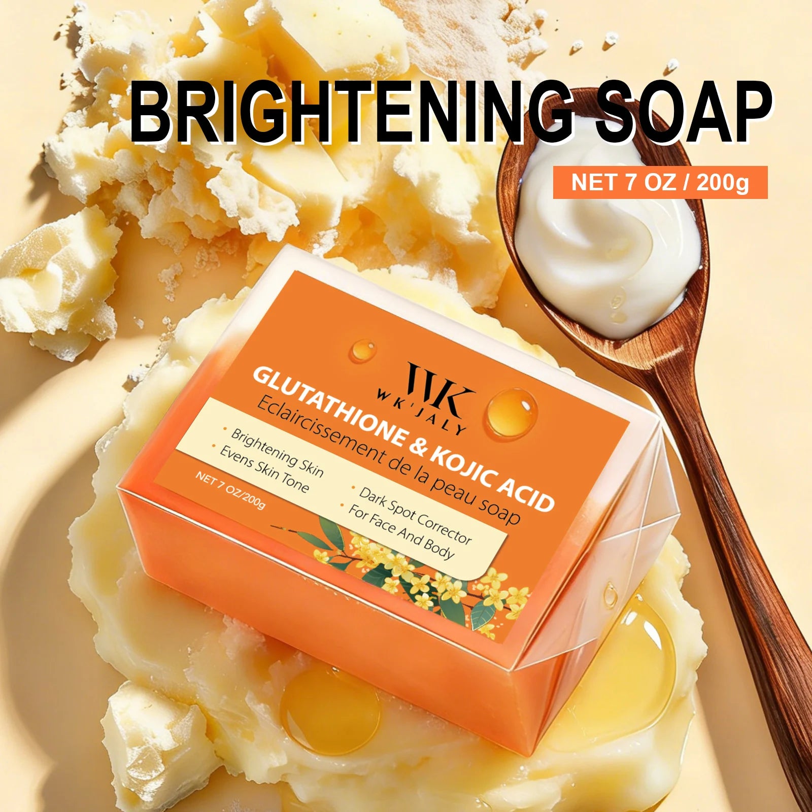WK JALY Glutathione & Kojic Acid Brightening Soap, Clean Skin, Moisturizing, Reduce Black Spots, For All Skin Types, 200g