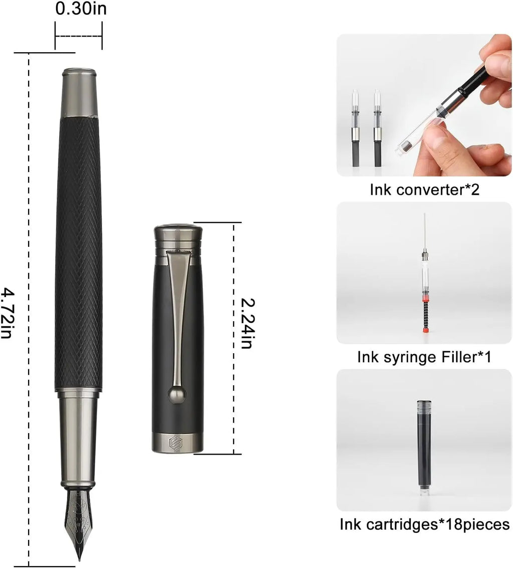 Fountain Pen Set with Fine & Medium Nibs, Includes Ink Cartridges, Converter & Syringe Filler for Writing and Calligraphy