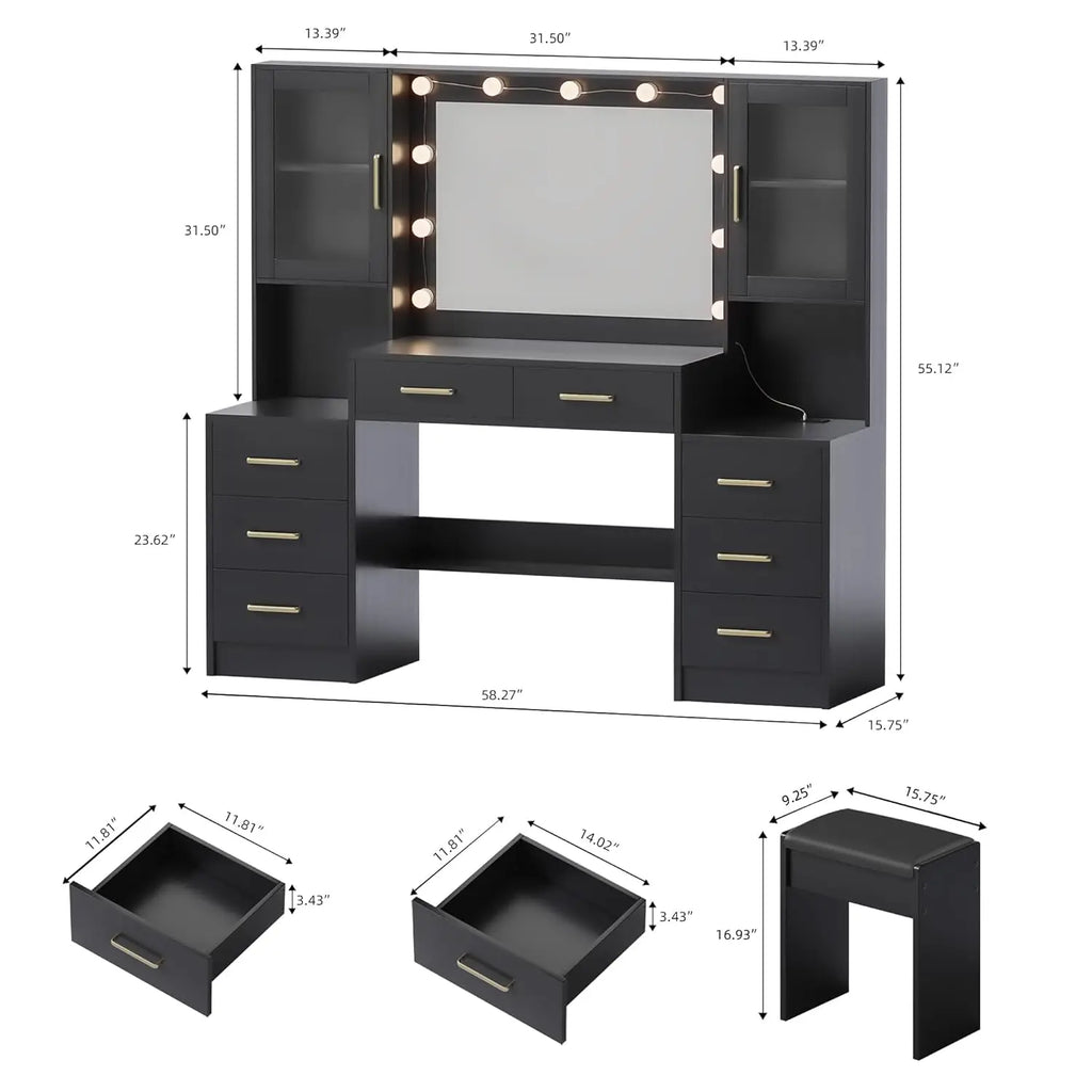 Black Vanity Desk with Mirror, Lights & Charging Station, 58.3" 3 Lighting Modes Makeup Desk with 8 Drawers, 2 Cabinets and Lots
