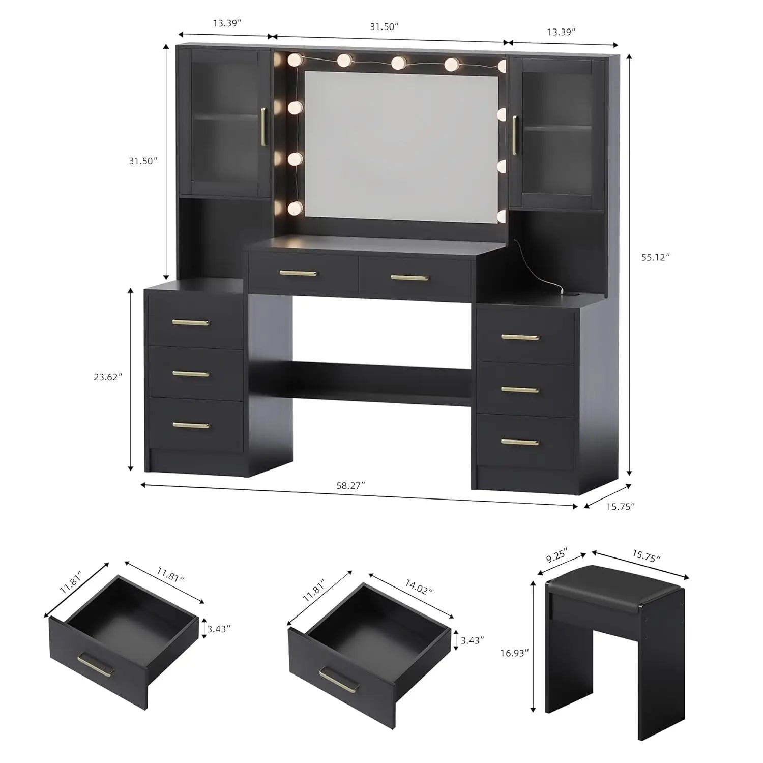 Black Vanity Desk with Mirror, Lights & Charging Station, 58.3" 3 Lighting Modes Makeup Desk with 8 Drawers, 2 Cabinets and Lots