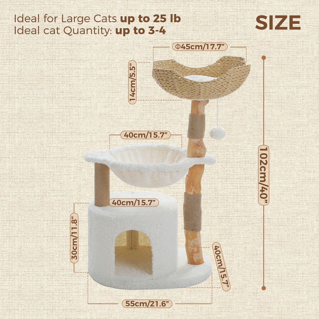 Modern Cat Tree Tower with Natural Solid Wood Scratching Posts Spacious Wicker Basket Luxury Cat Condo Bed for Indoor Cat Toys