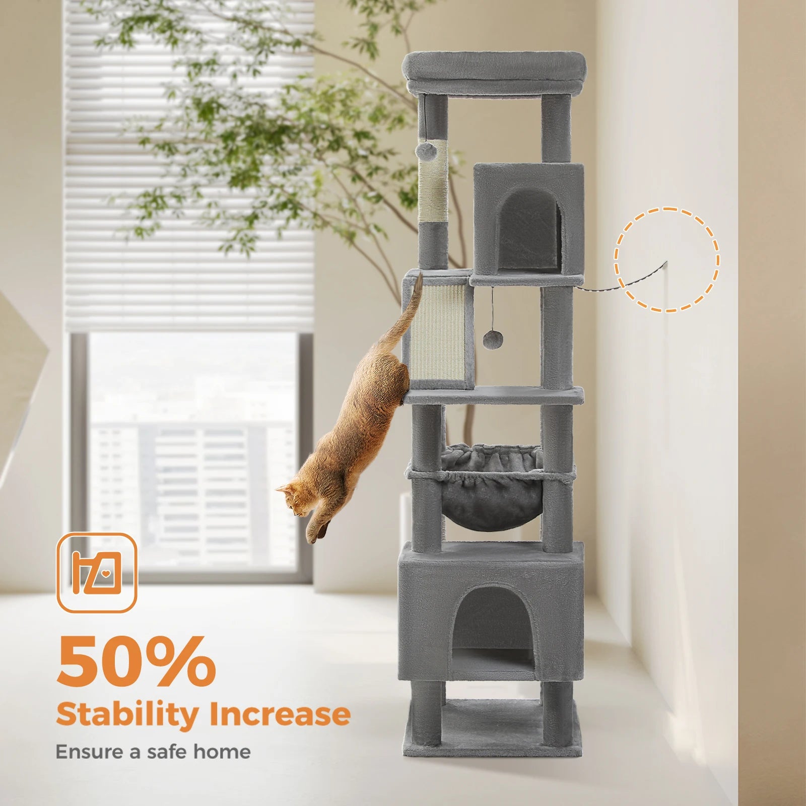 Cat Tree for Large Cats, Tall Cat Tower for indoor Cats Multi-level Cat House Furniture with 2 Big Condo Pad Bed Scratching Post