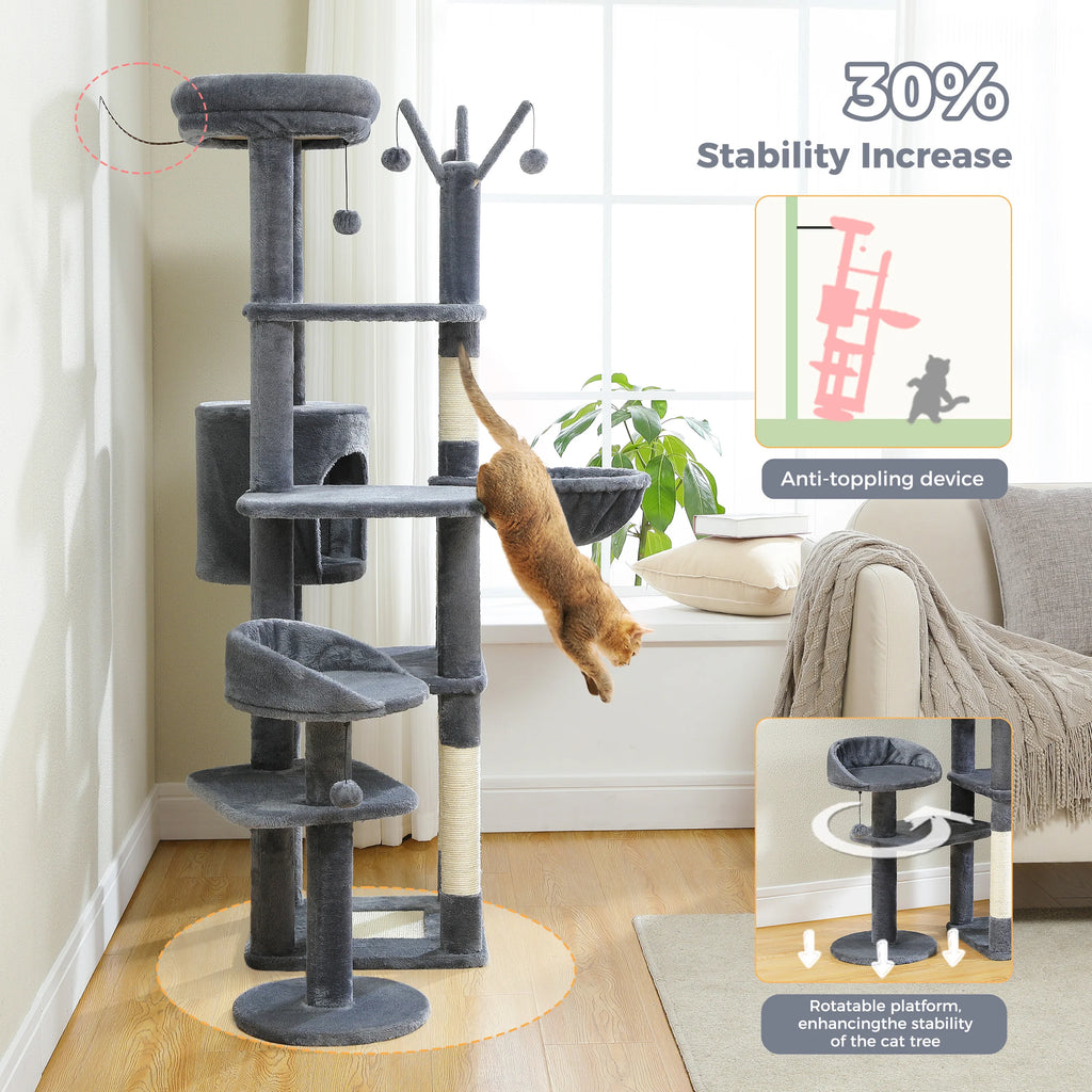 Multi-Level Cat Tree with Scratching Post Hammock Large Perches Hanging Balls Tall Cat Tower for Indoor Spacious Cat Condo House