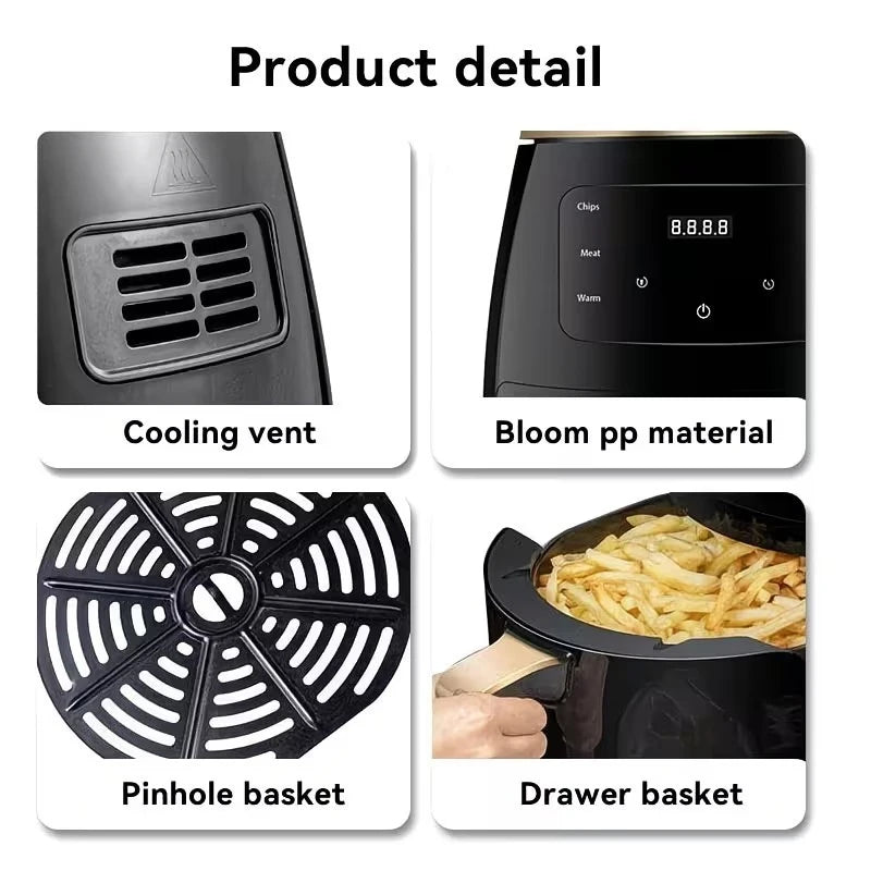 Large capacity air fryer, American standard plug, multifunctional, capable of frying, baking, roasting, heating food, with LED digital touch screen, intelligent cooking hot air fryer, easy to clean baking basket