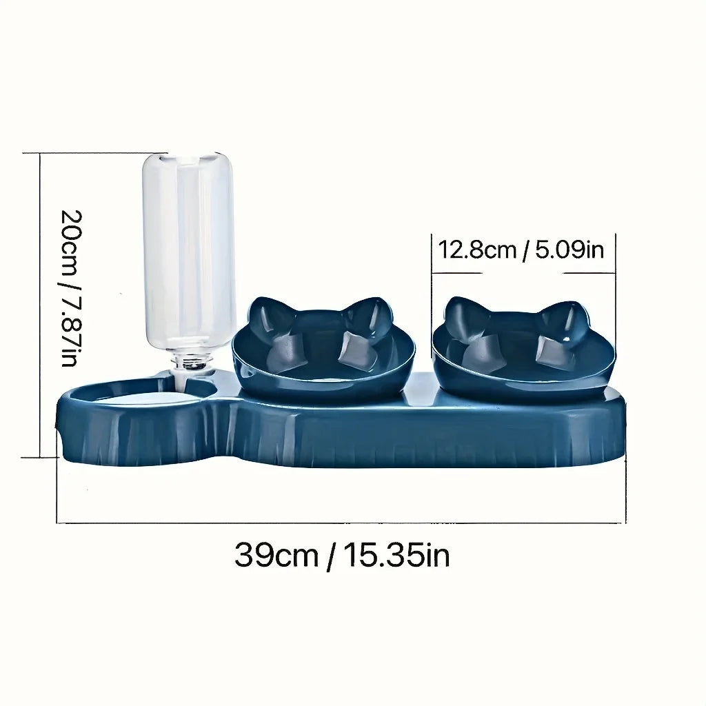 Pet Bowls With Water Feeder, 3 In 1 Ear Design Tilted Cat Water And Food Bowl 1Set With Gravity Water Bottle For Neck Protection