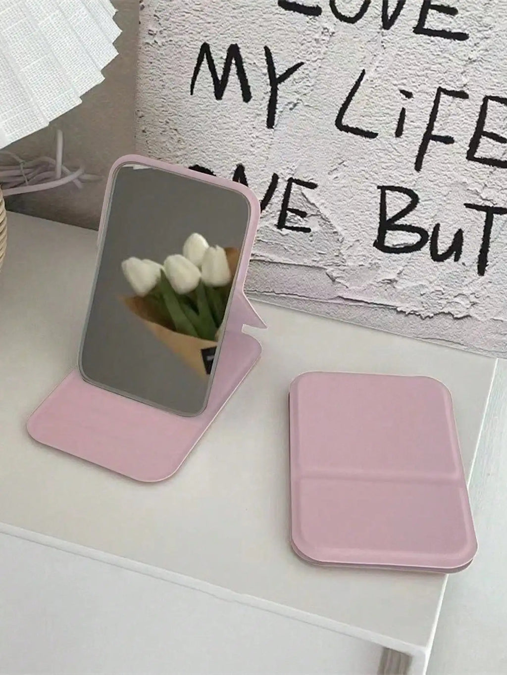 SHEIN 1pc Portable Makeup Mirror, Pu Leather Small Mirror, Foldable