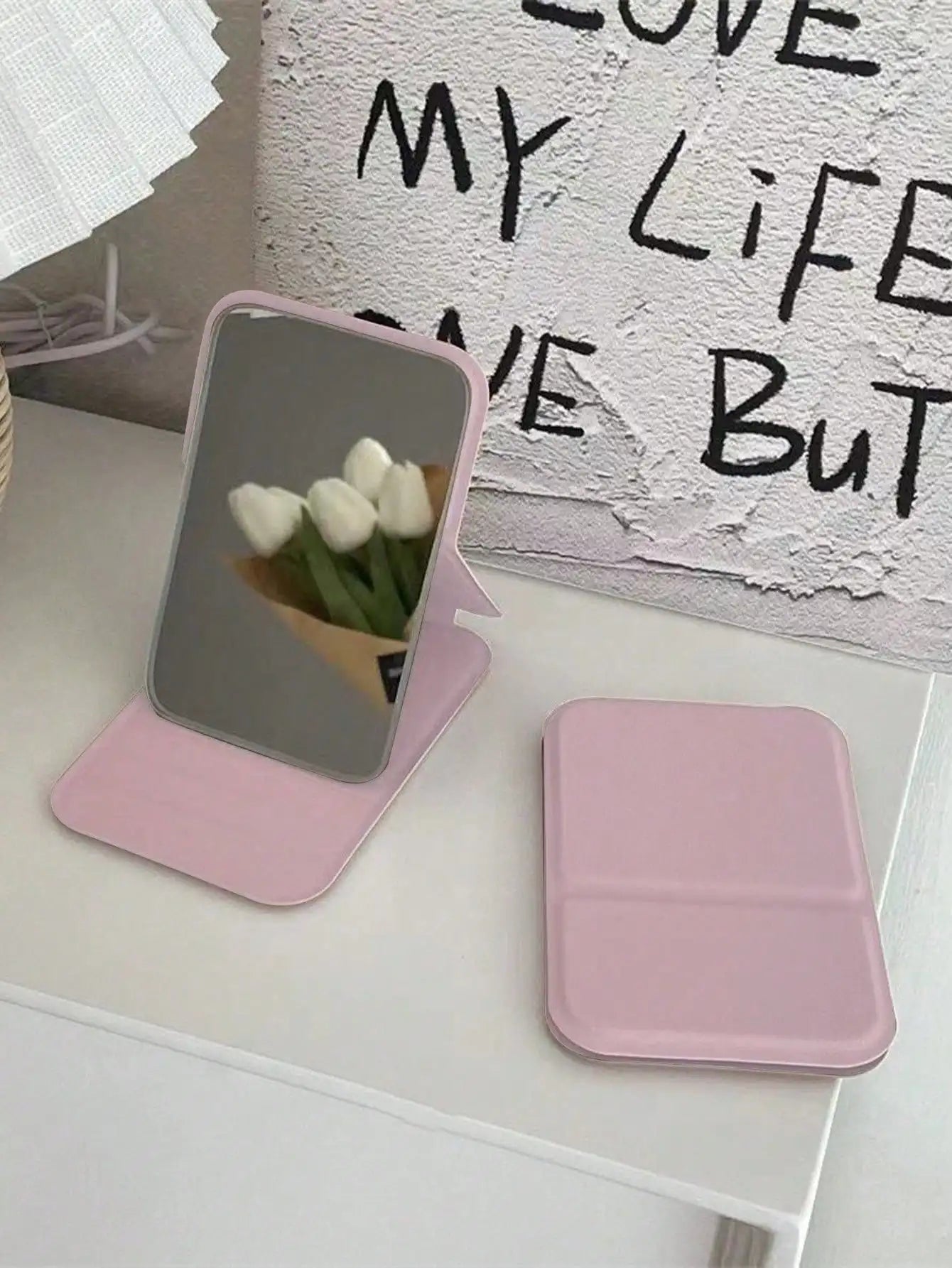 SHEIN 1pc Portable Makeup Mirror, Pu Leather Small Mirror, Foldable