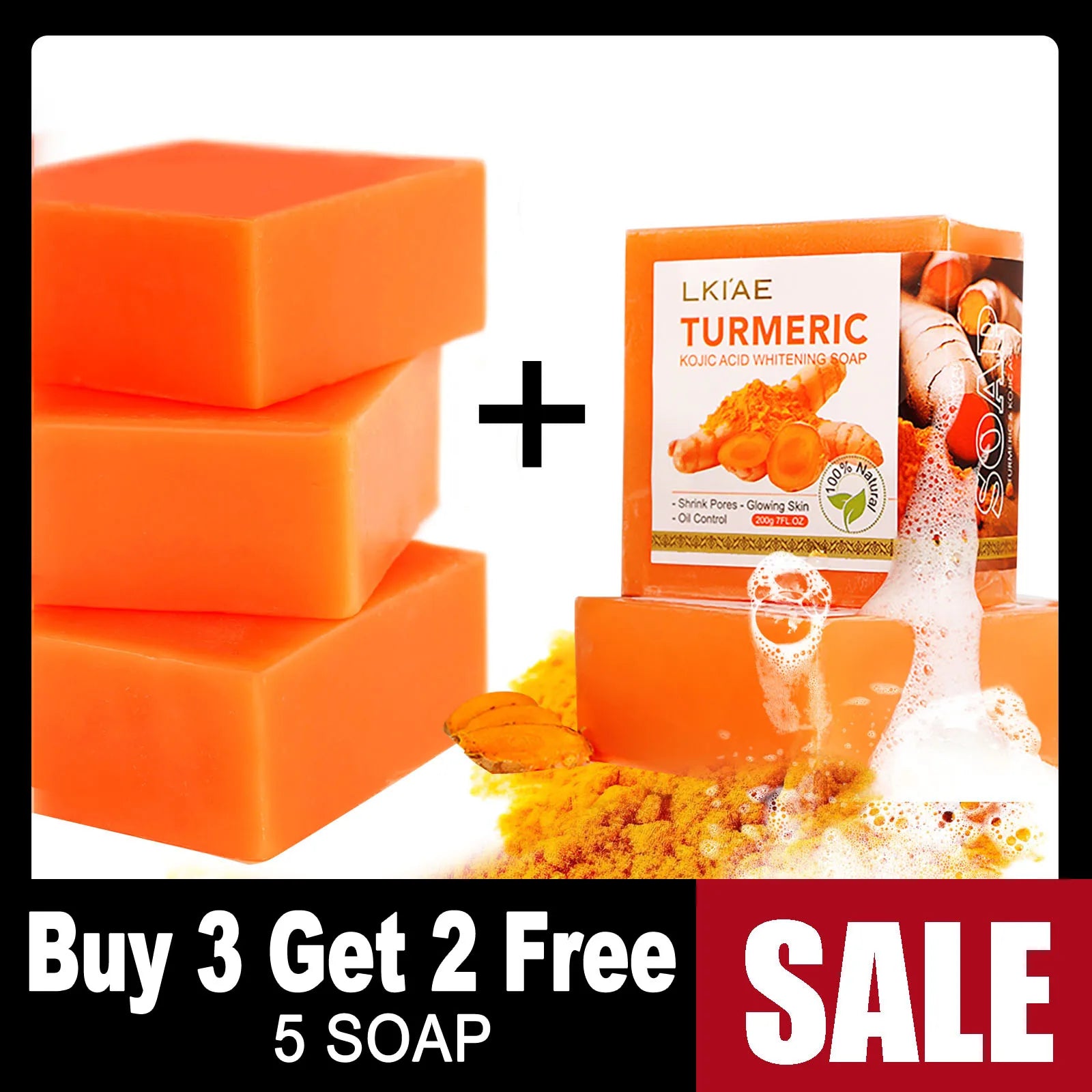 LKIAE Organic Turmeric Soap, Handmade, Whitening, for All Skin Types, Remove Black Spots, Melanin, Acne, For Face, Body, 200g