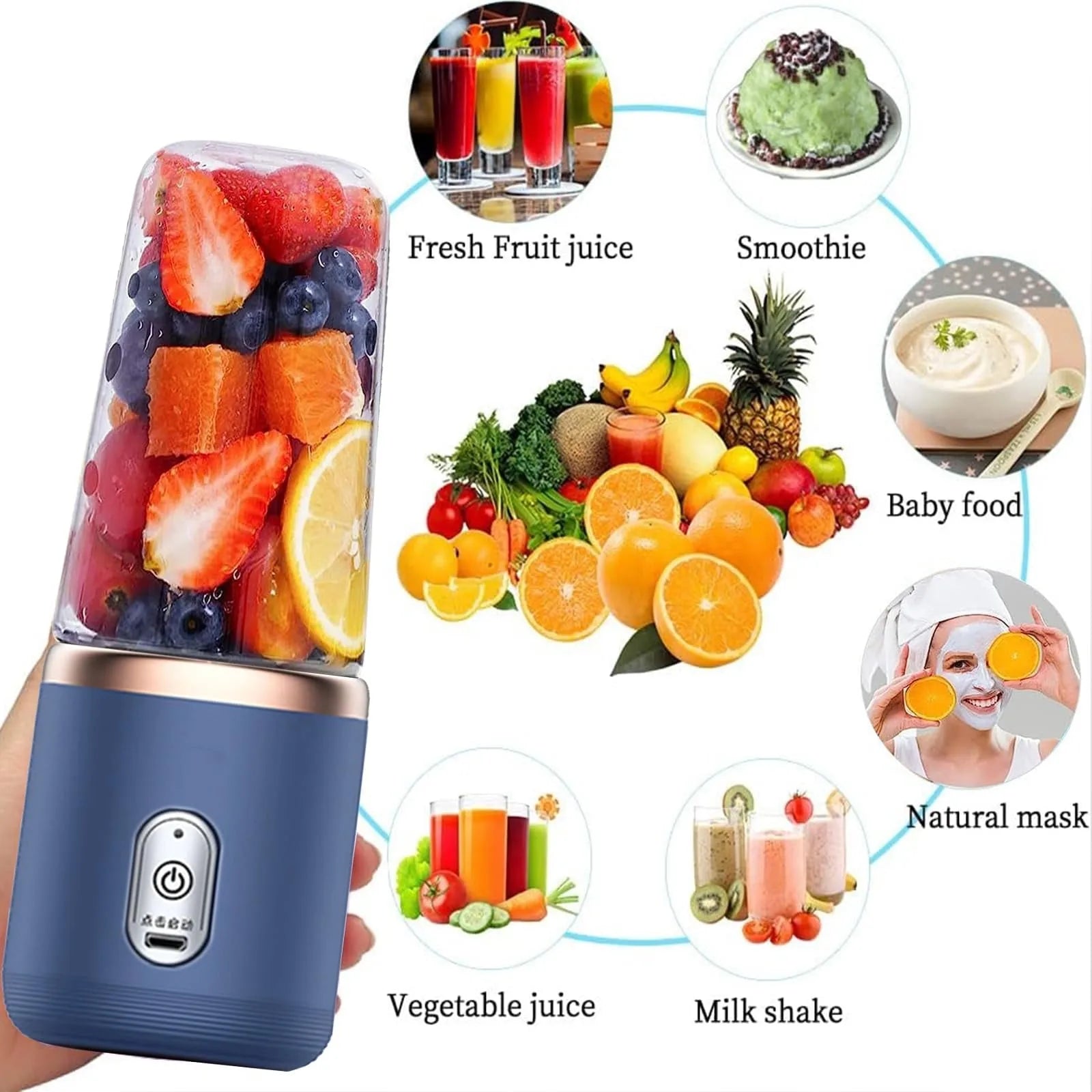 Personal Blender for Shakes and Smoothies Portable Fruit Juicer USB Rechargeable（Blue）