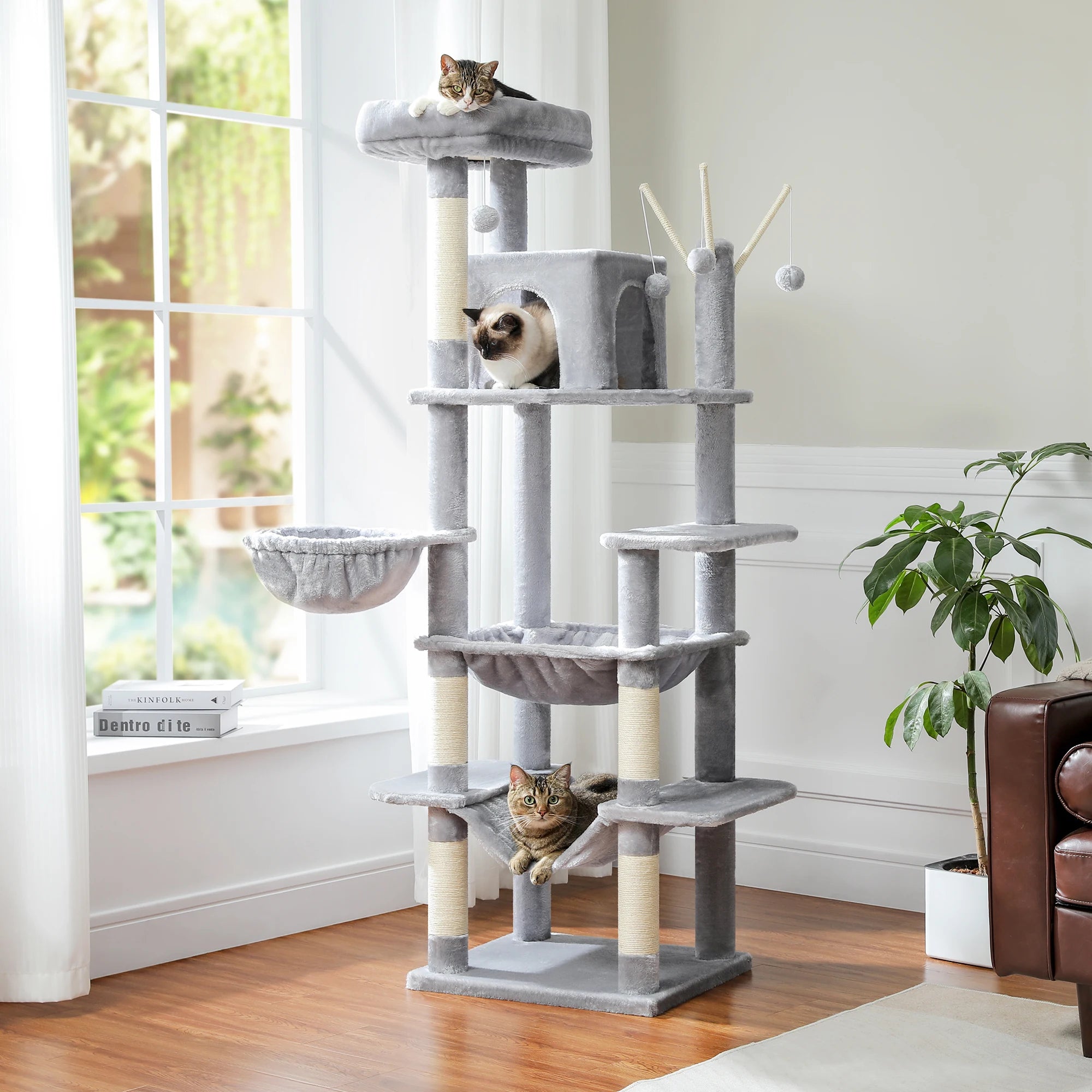 Sturdy Multi-Level Cat Tree Tower with Natural Sisal Scratching Posts,Cozy Hammock&Condo, Large Top Perch, and Fun Dangling Ball