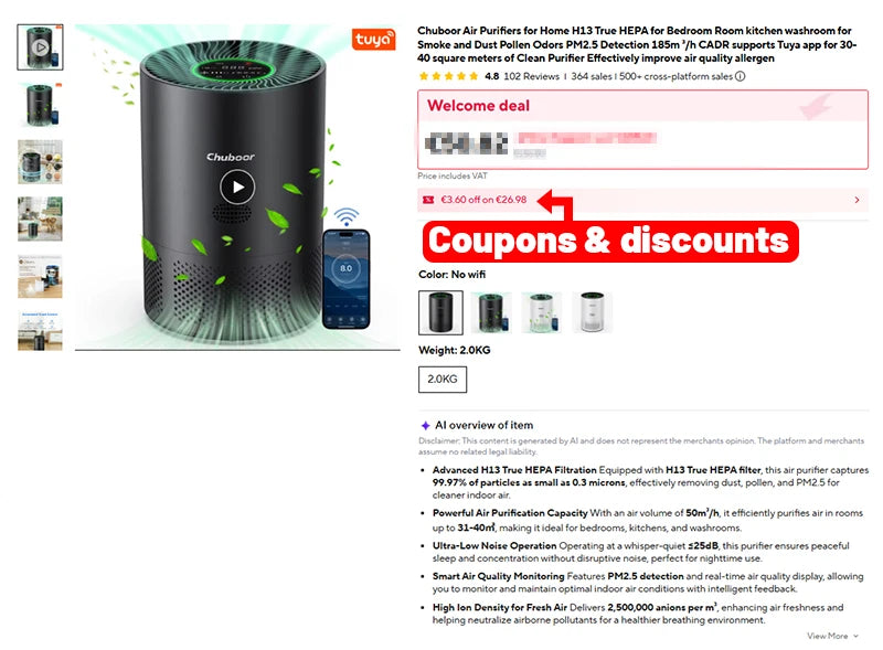 Chuboor Smart Air Purifier for Bedroom Home, App/Alexa Control,PM2.5 Monitor HEPA Air Purifier for Bedroom Living Room for Pets