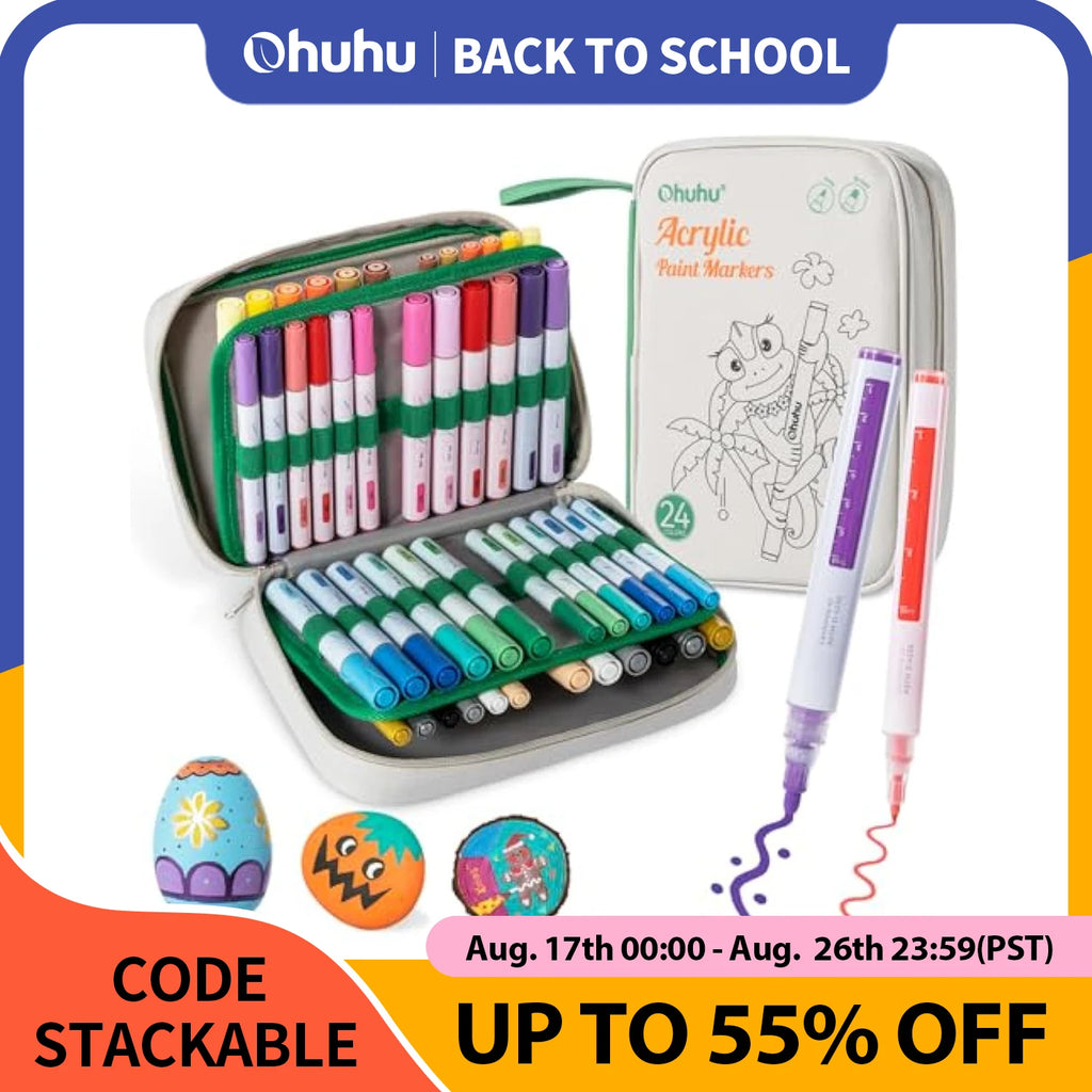Ohuhu Acrylic Paint Markers 48 Paint Pens Reversible Tip Acrylic Markers Waterproof for Rock Painting Easter Egg Wood Plastic