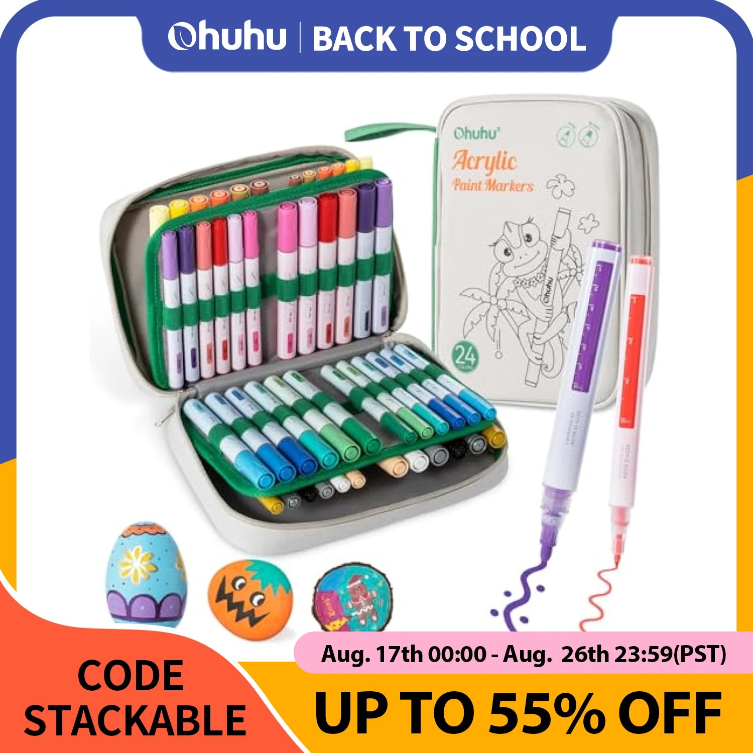 Ohuhu Acrylic Paint Markers 48 Paint Pens Reversible Tip Acrylic Markers Waterproof for Rock Painting Easter Egg Wood Plastic