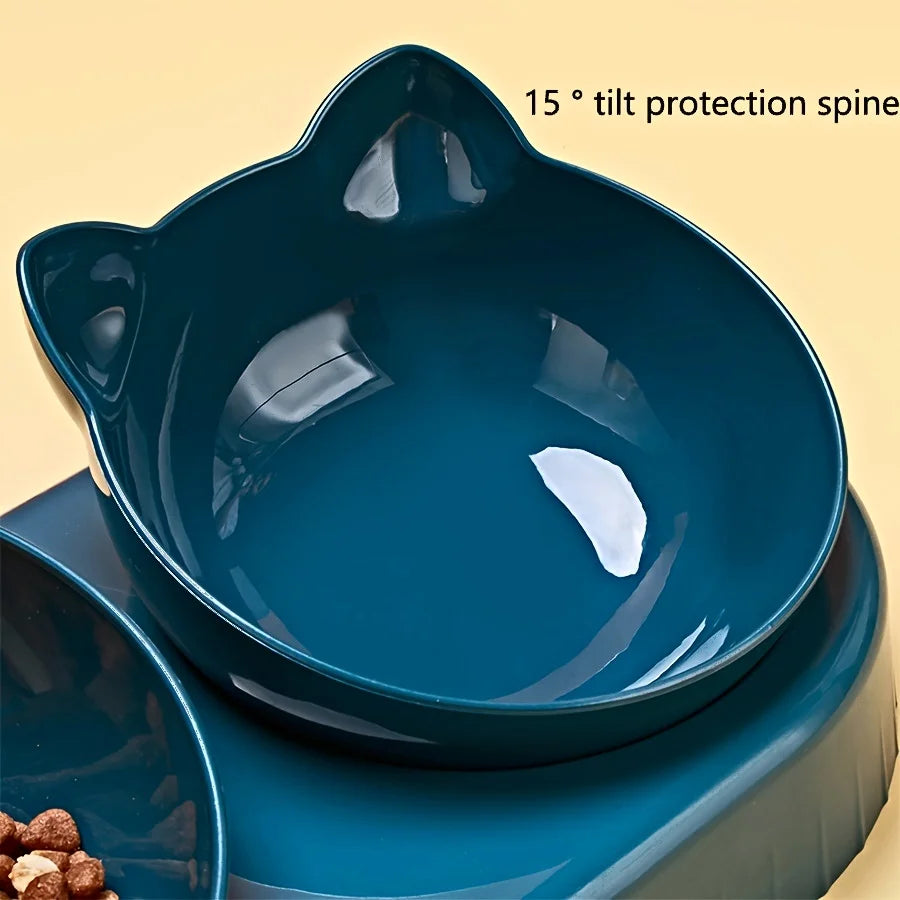 Pet Bowls With Water Feeder, 3 In 1 Ear Design Tilted Cat Water And Food Bowl 1Set With Gravity Water Bottle For Neck Protection
