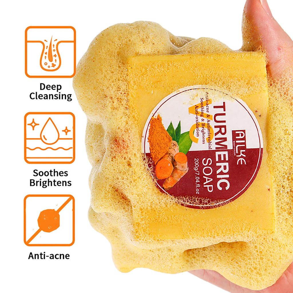 AILKE Natural Turmeric Bath Soap for Face, Body, Hands, Lightening, Cleaning, Even Skin Tone, Anti Dark Spots and Acne, 200g