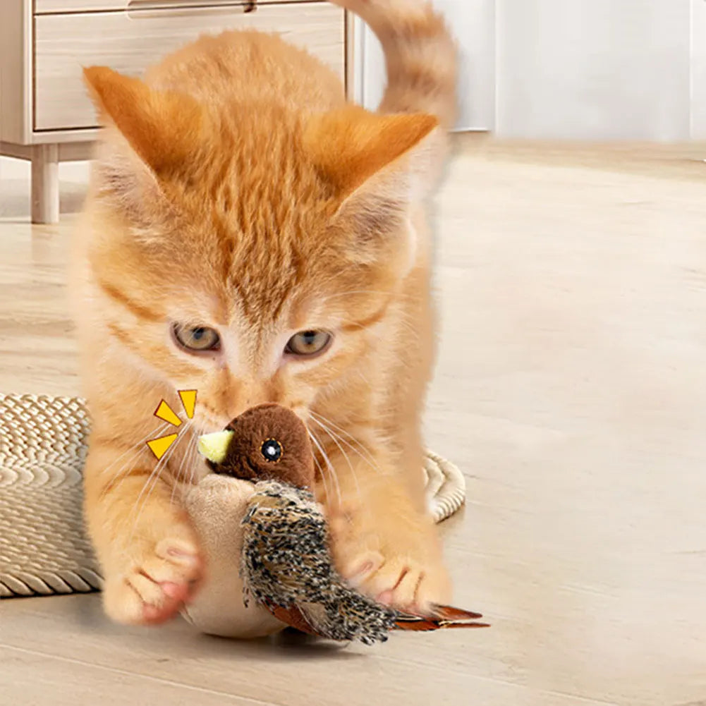 Interactive Cat Toys Flying Bird Cat Toy Flapping Wings Sparrow Catnip Toy Electric Squeaky Simulation Bird Plush Toy for Cats