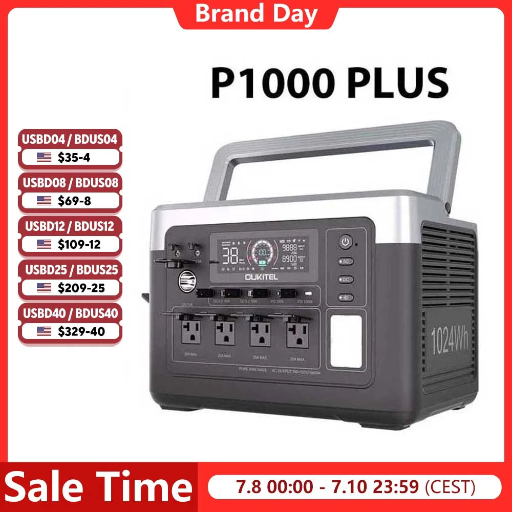 OUKITEL P1000 PLUS Portable Power Station 1800W 1024Wh Solar Generator with LiFePO4 Battery Fast Charging Smart App Control