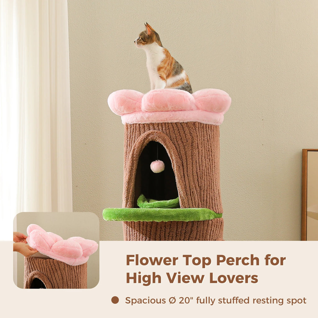 Large Cat Tree with 4 Spacious Condos Thick Scratching Post Flower Top Bed Tall Cat Tower for Indoor Luxury Cat House Bed Toys