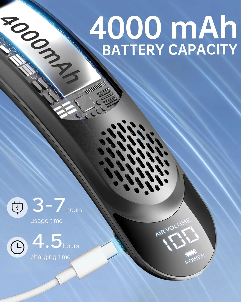 Portable Neck Fan 4 Turbo Neck Fan 4000mAh Battery Operated USB Rechargeable Personal Fan, 3 Speeds, 360° Cooling Air Fan