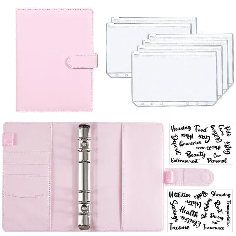 A6 PU Leather Budget Binder Notebook Cash Envelopes System Set With Binder Pockets for Money Budget Saving Bill Organizer