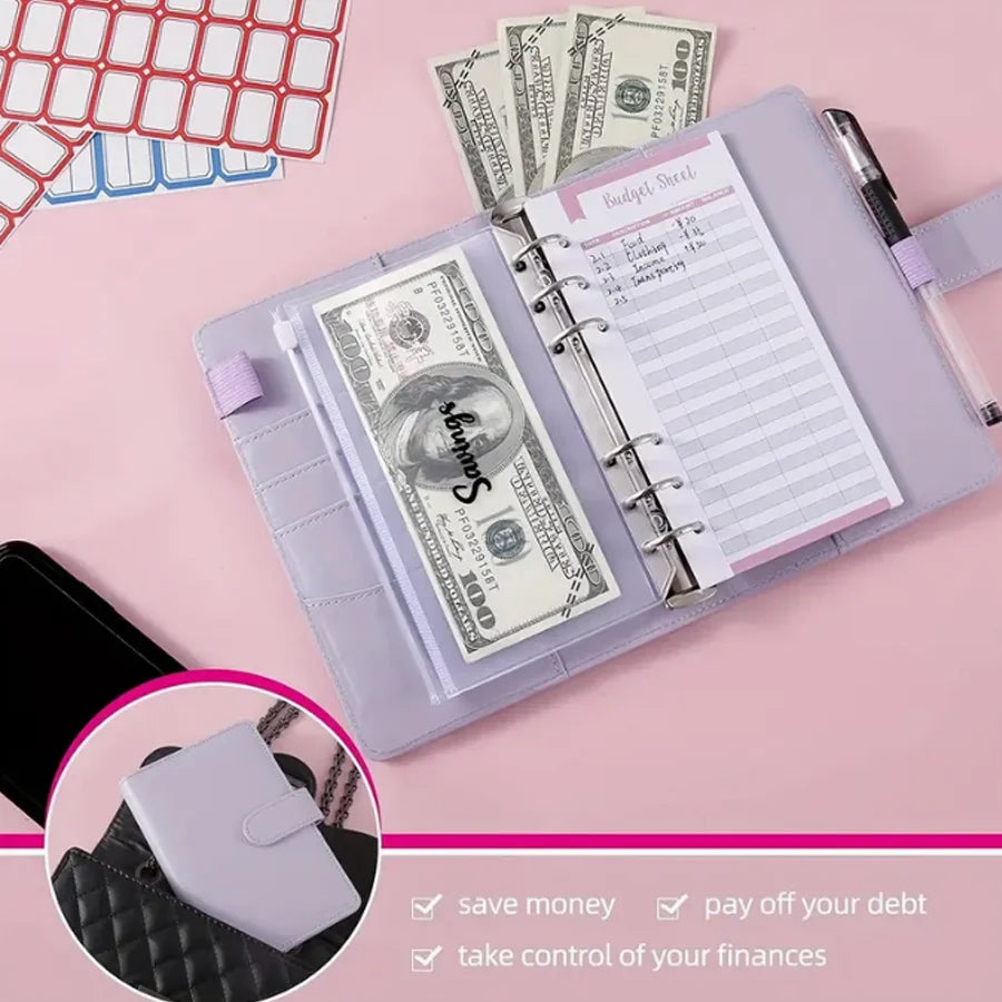 PU Leather Budget Binder With Cash Envelopes Pockets Zip Small French Budget Pouch Binder For Saving Money A6 Planner Organizer