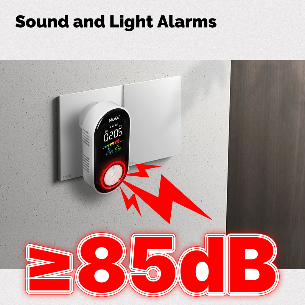 MOES CO Smoke Gas Detector Alarm Plug-in Carbon Monoxide Sensor Warning LED Display Temperature Humidity Kitchen Garage Boiler