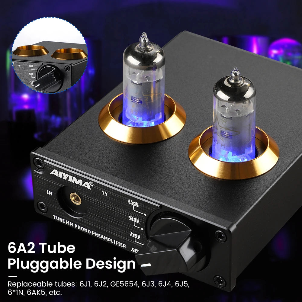 AIYIMA T3 HiFi Vacuum 6A2 Tube MM Phono Preamplifier Vinyl Record Player Stereo Tube Pre amp Amplifier Turntable Phonograph 12V
