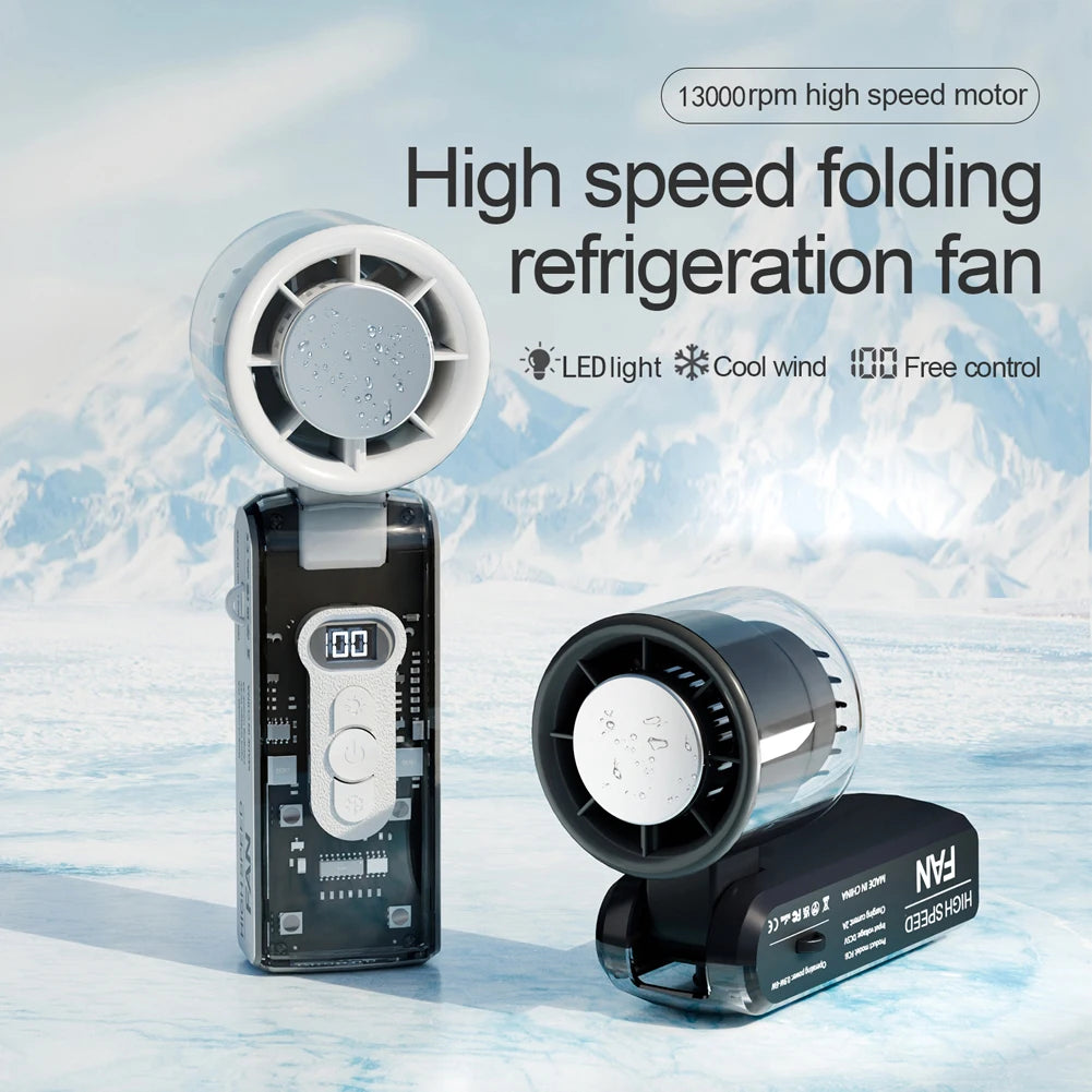 High Speed Turbo Fan with LED Light Rechargeable Foldable Personal Cooling Fan LED Display Folding Travel Fan for Outdoor Travel
