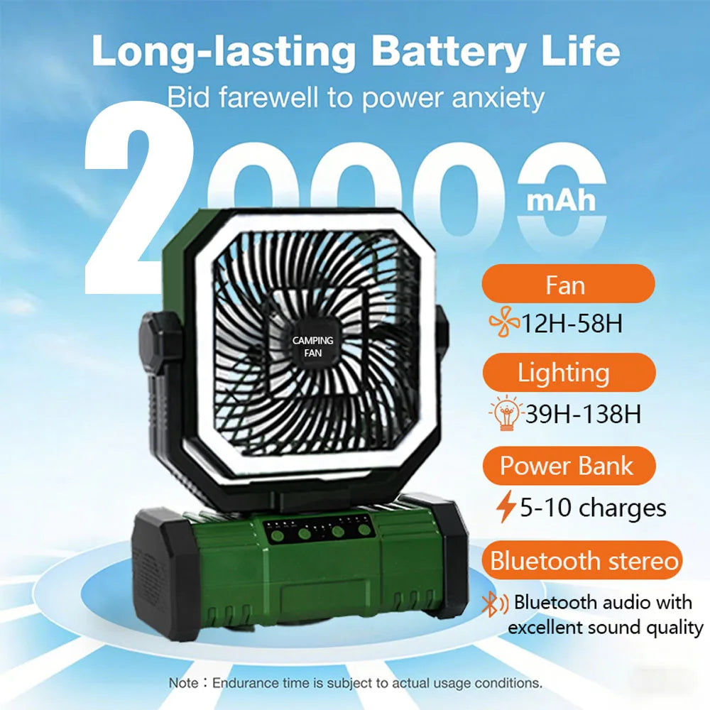 Outdoor Camping Fan 20000mAh Rechargeable Fan with LED Lantern & Remote for Fishing Travel, 4 Speeds 8H Timer, Hanging Hook Bluetooth Fan