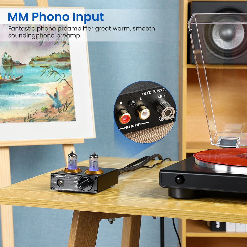 AIYIMA T3 HiFi Vacuum 6A2 Tube MM Phono Preamplifier Vinyl Record Player Stereo Tube Pre amp Amplifier Turntable Phonograph 12V