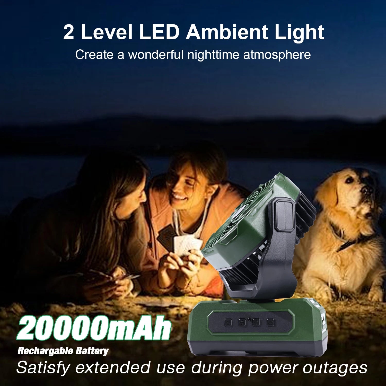 30000mAh Portable Camping Fan with RGB Lantern, Rechargeable Battery Powered Oscillating 4 Wind Speeds LED Display, Remote Control Timer Tent Beach Cordless USB Fans for Travel Home Outdoor, Green