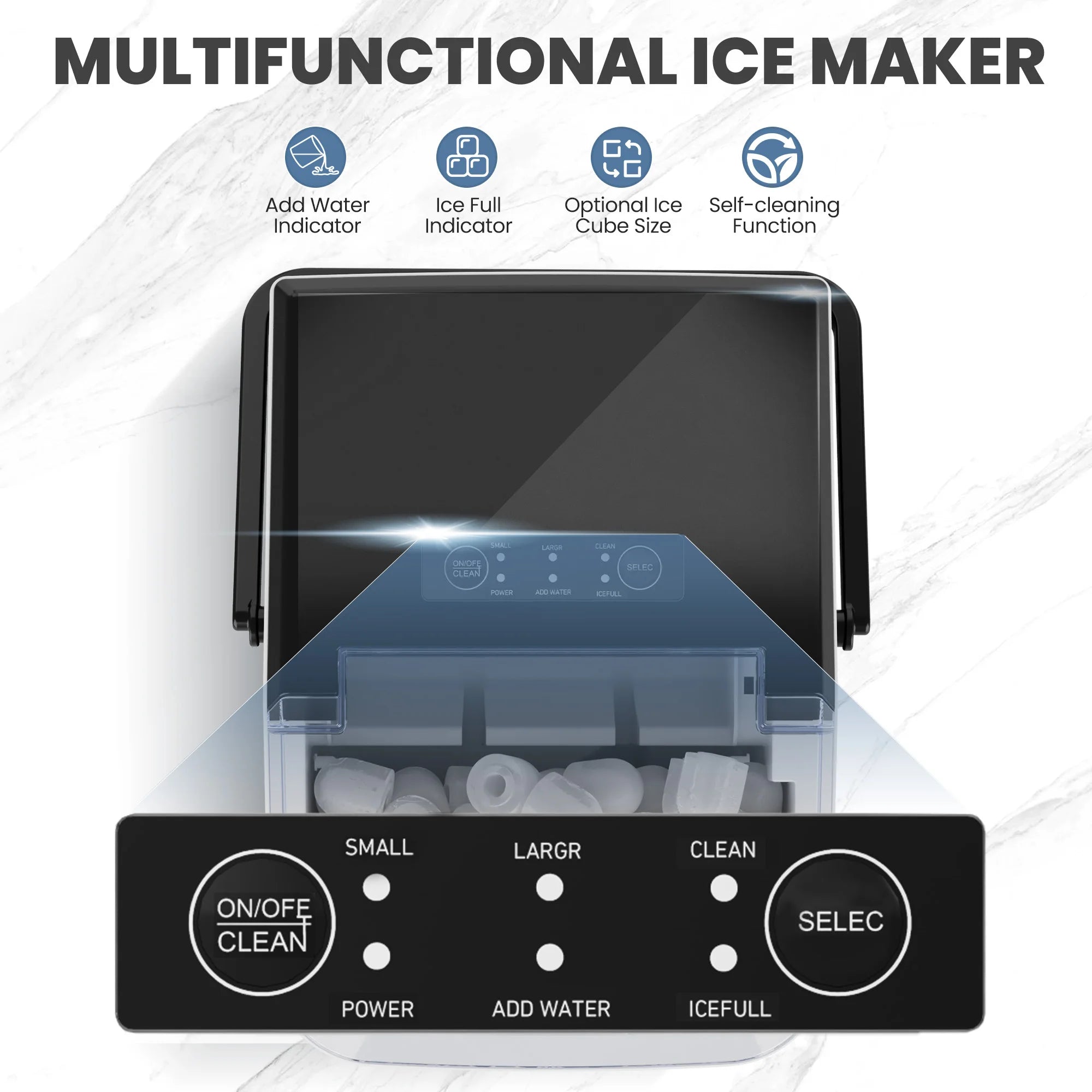 JHK Portable Kitchen Ice Machine Countertop Ice Maker with Handle 9 Bullet Ice Cubes Ready in 6 Mins Self-Cleaning Quiet Compact Ice Maker for Home Camping