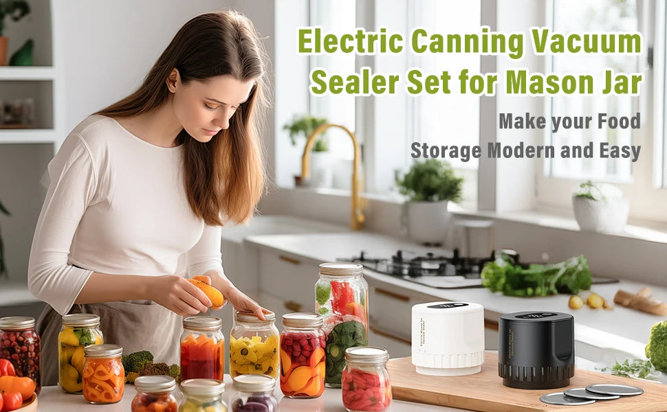Electric Vacuum Sealer for Mason Jar - Jelife Vacuum Sealing Machine Kit for Wide Mouth & Regular Mouth Canning Jars with 10 Lids, 2000mAh Vacuum Sealer Food Saver Storage, Black