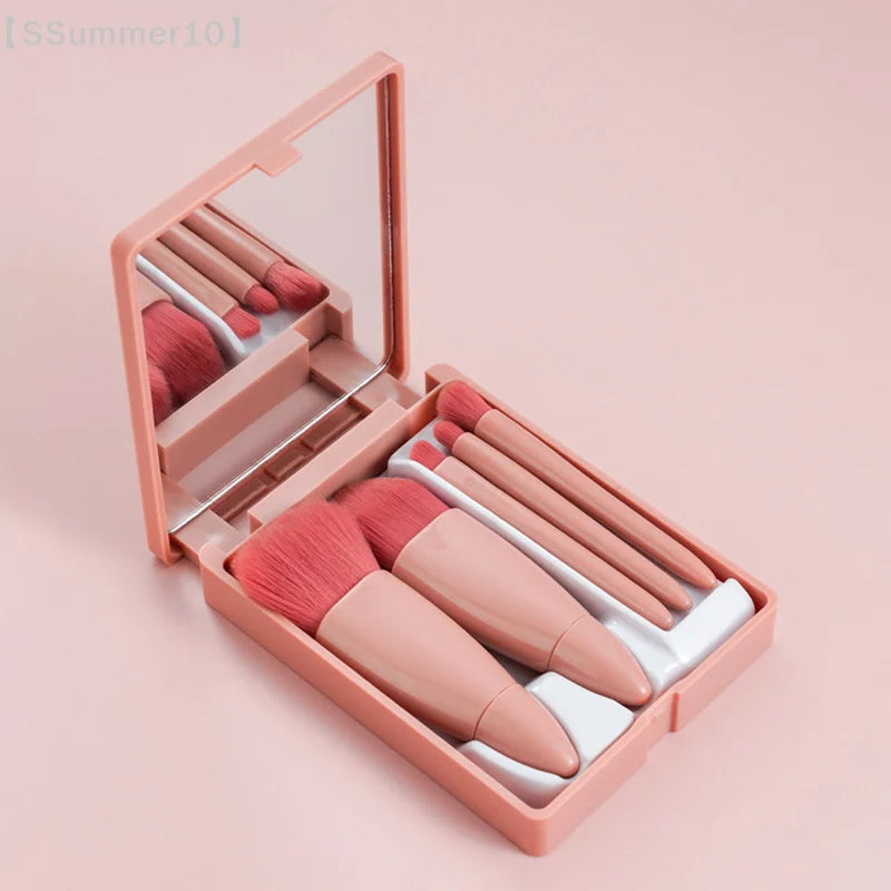 【SSummer10】5Pcs Travel Mini Makeup Brushes Set with Case Mirror - Small Complete Function Cosmetic Kit【SS】